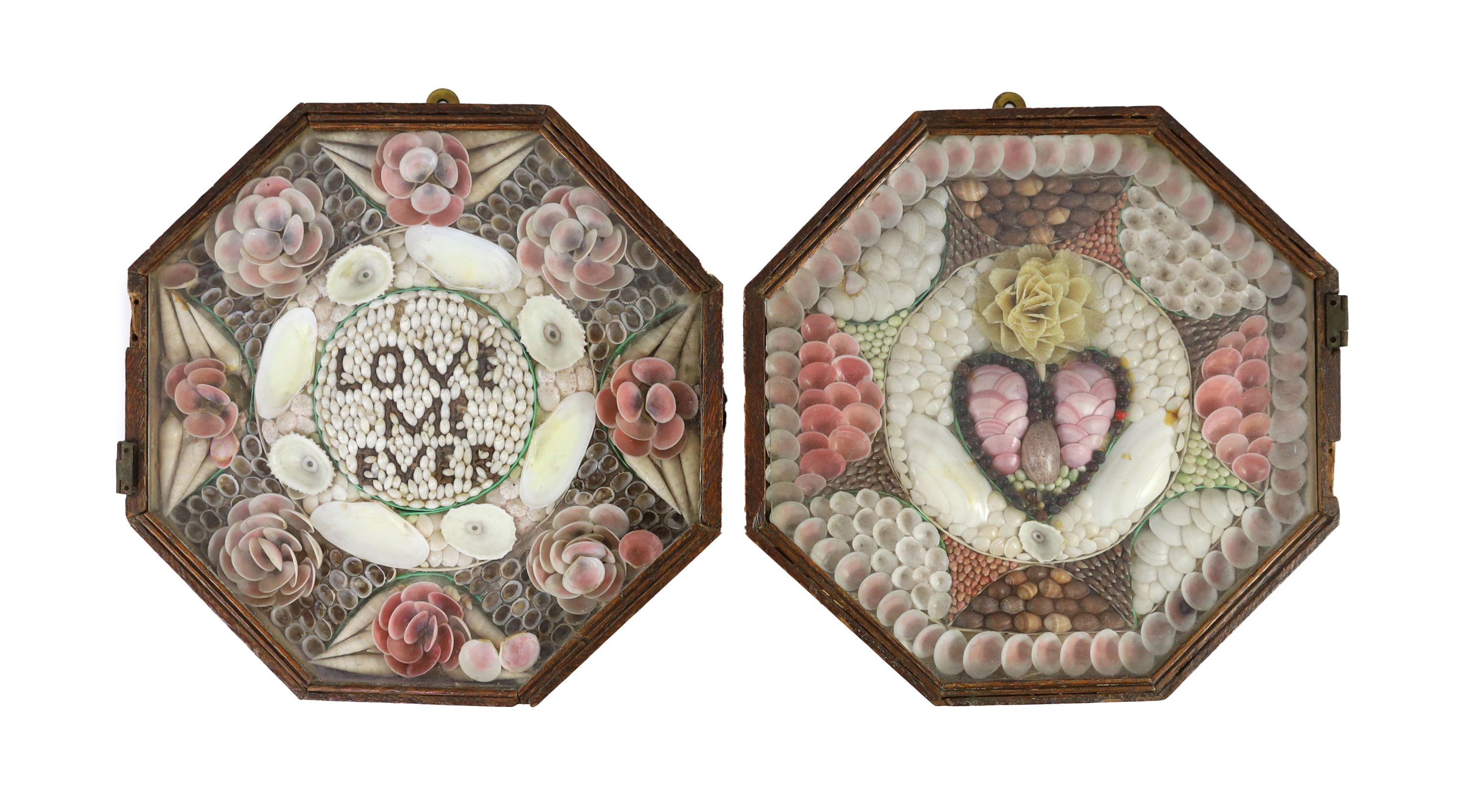 A 19th century sailor's shellwork Valentine in bi-fold octagonal case, each 23 x 22.5cm